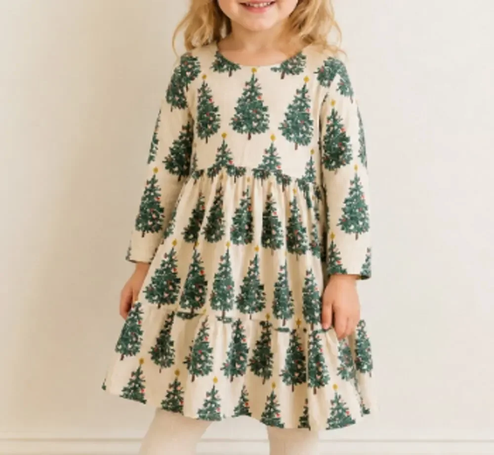 Pink Chicken Girl's Cream Green Christmas Tree A- Line Dress Size 3Y